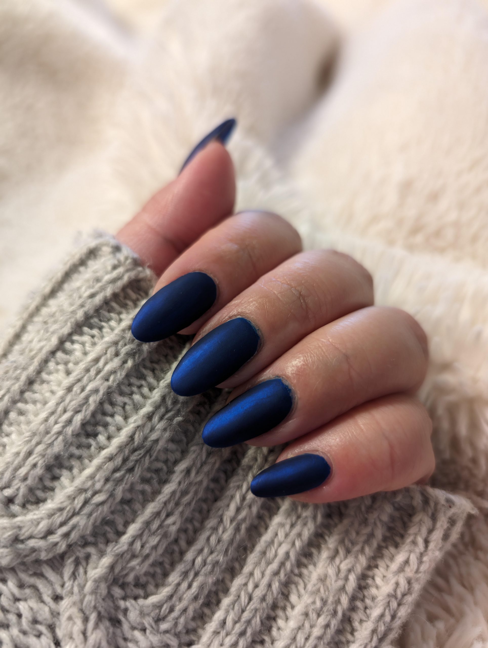 Subtle Shimmer Satin Matte Navy Almonds — Navy Blue Nails