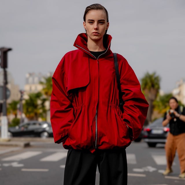 Vibrant Red Oversized Jacket with Black Trousers — Car Coat Outfits