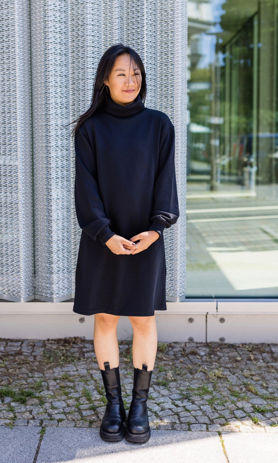 Black Turtleneck Sweatshirt Dress with Chunky Boots — Sweater Dress Outfits