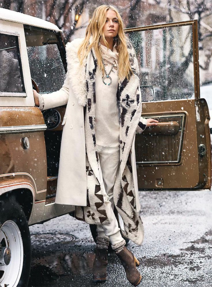 Cream Knitwear with Patterned Scarf and Fur-Trimmed Coat — Boho Winter Outfits