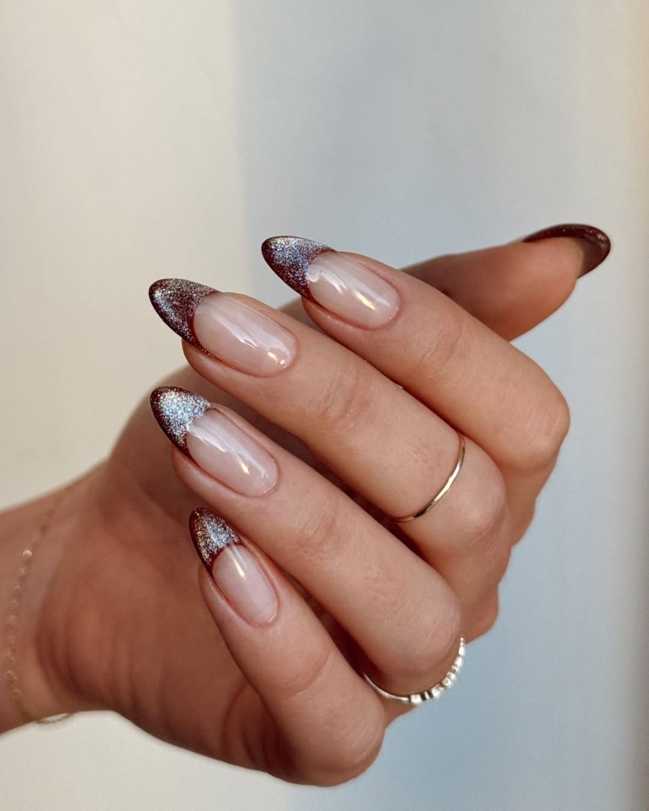 Sheer Pink Silver Glitter Dark Brown Long Stiletto Glitter Gradient with Celestial Motifs — Winter Glitter Nails