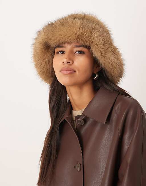 Brown Faux Fur Bucket Hat with Leather Jacket — Fur Hat Outfits