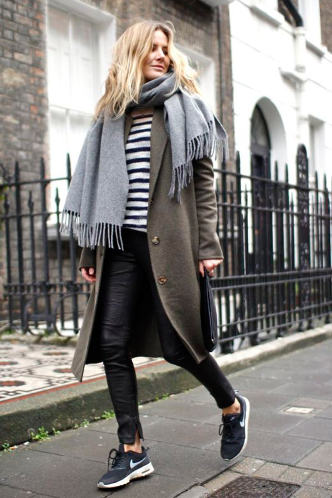 Olive Green Coat with Striped Shirt and Scarf Olive Green Coat with Striped Shirt and Scarf β Winter Athleisure Outfits