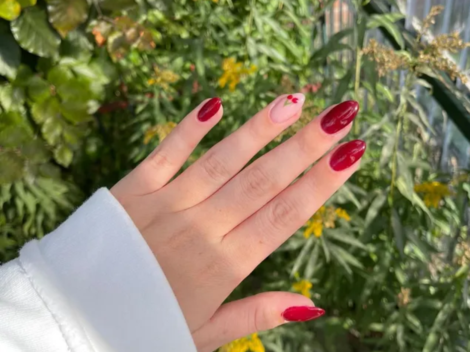 Medium Almond Cherry and Floral Accents — Cherry Red Nails