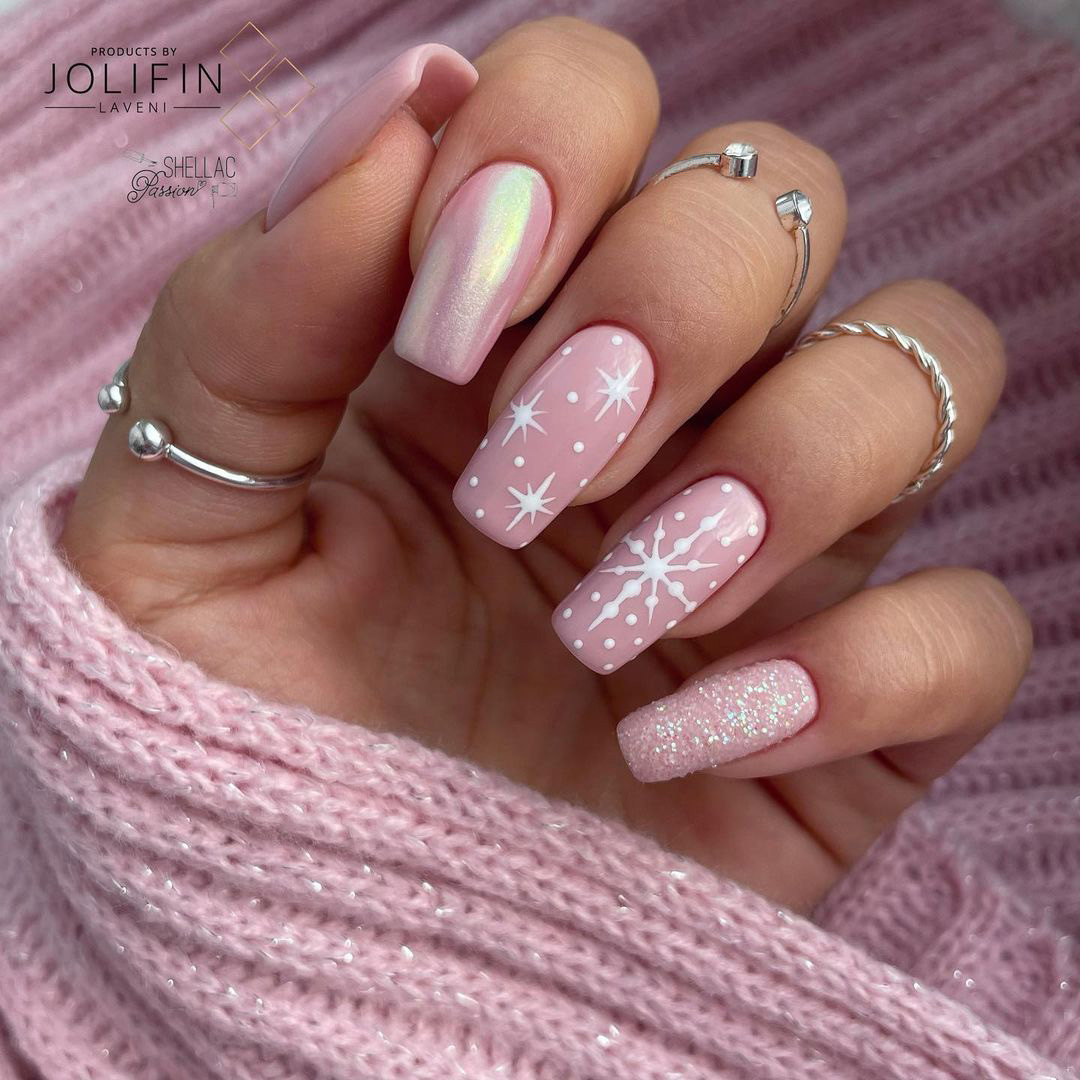 Playful Pink Snowflake Glitter Nails — Winter Nail Art