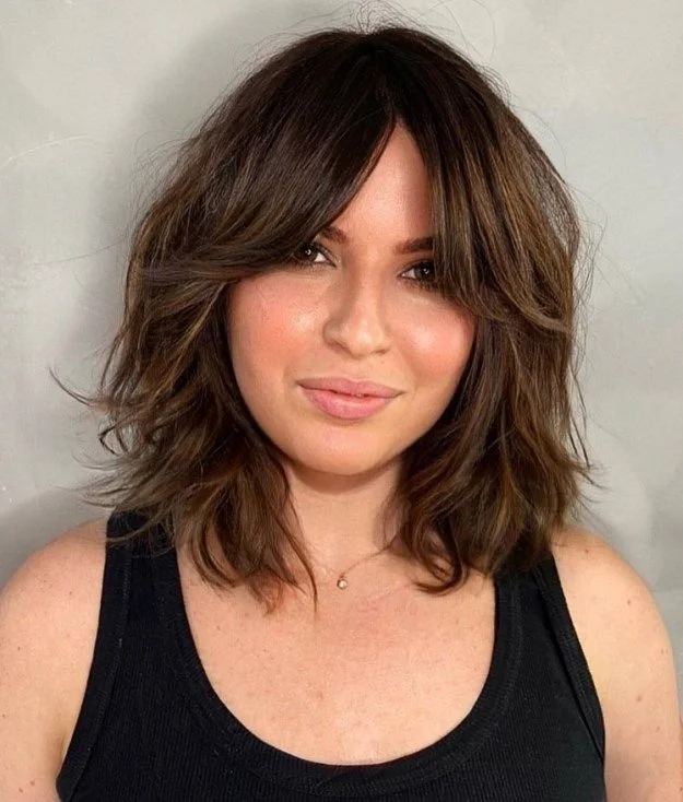 Shoulder-Length Shag with Full Bangs Shoulder-Length Shag with Full Bangs β Winter Haircuts for Thick Hair