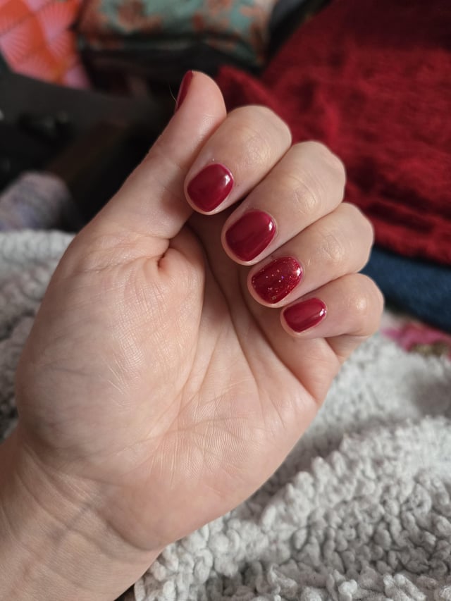 Short Square Red Glitter Accent — Cute New Years Nails 2027