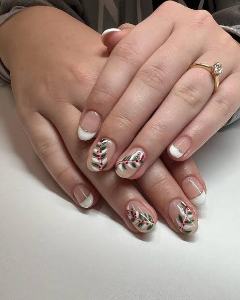 Nude with Holly Berry Accents Nude with Holly Berry Accents β Short Christmas Square Nails 2026