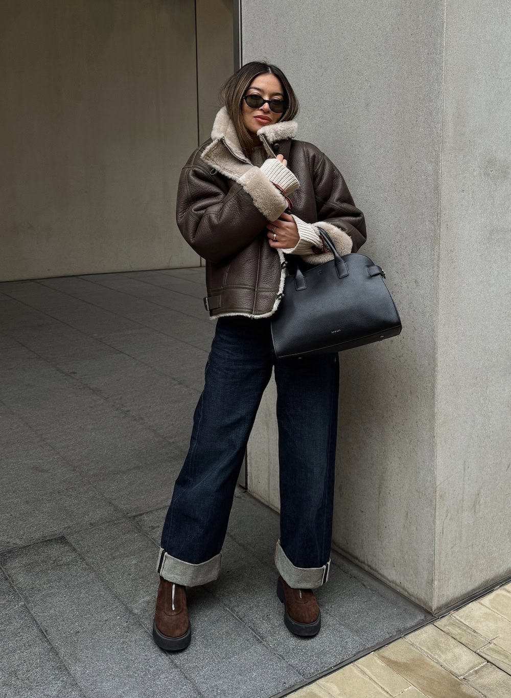 Aviator Jacket with Cream Knit and Suede Boots — Cold Weather Outfits