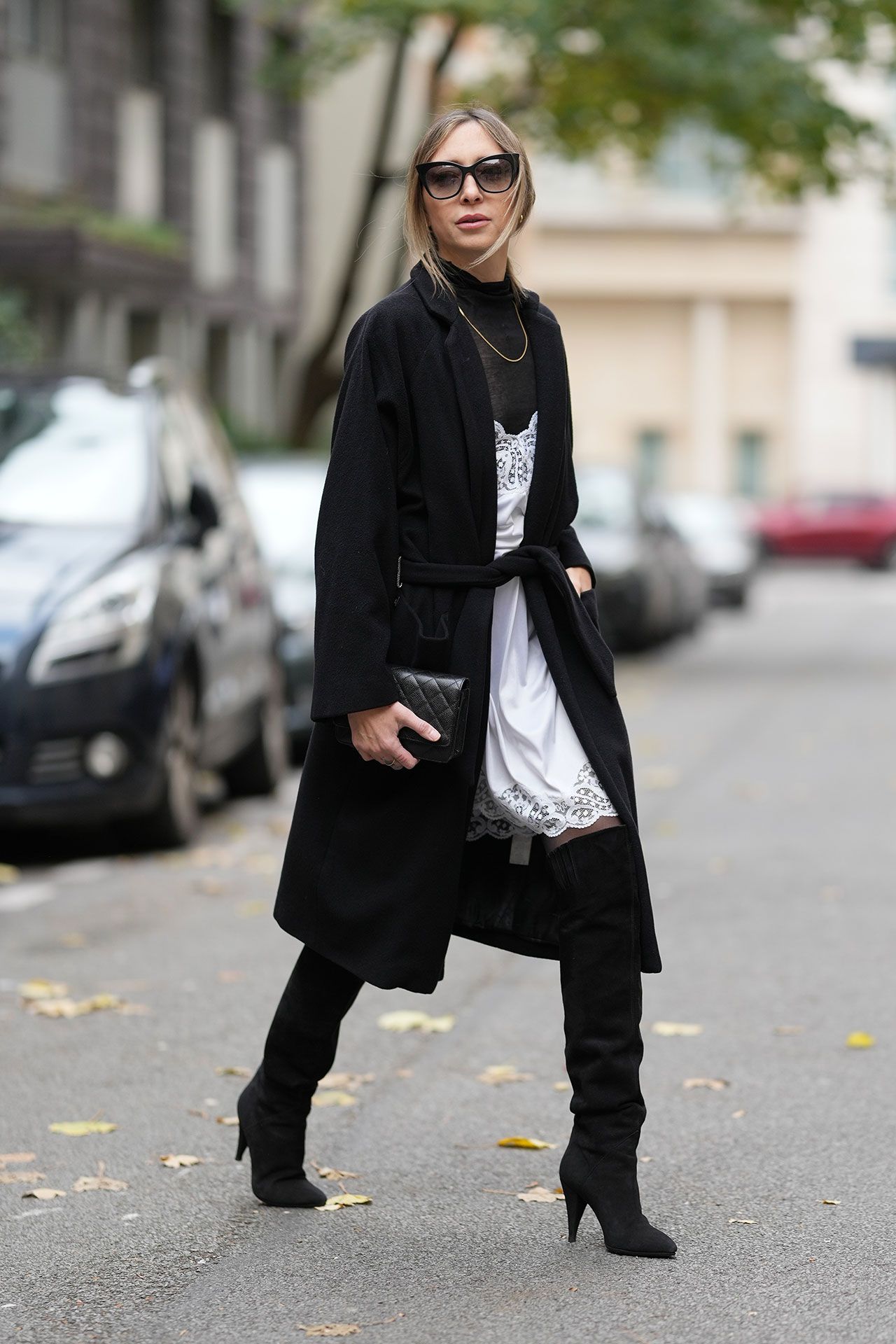 Belted Black Coat Over Lace Slip Dress and Over-the-Knee Boots Belted Black Coat Over Lace Slip Dress and Over-the-Knee Boots β Black Coat Outfits