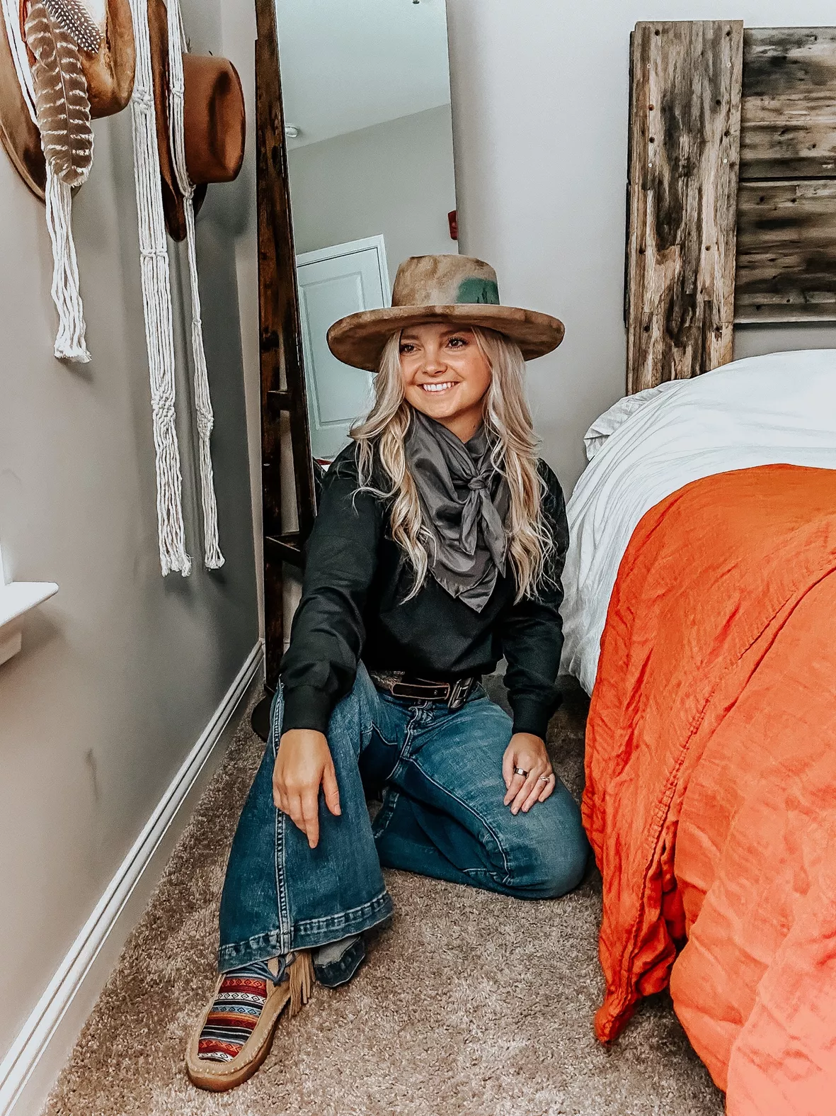 Cowboy Hat and Scarf with Denim for Western Casual — Western Winter Outfits