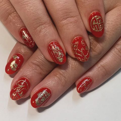 Vibrant Red with Gold Foil Chinese Characters — New Years Gel Nails 2027