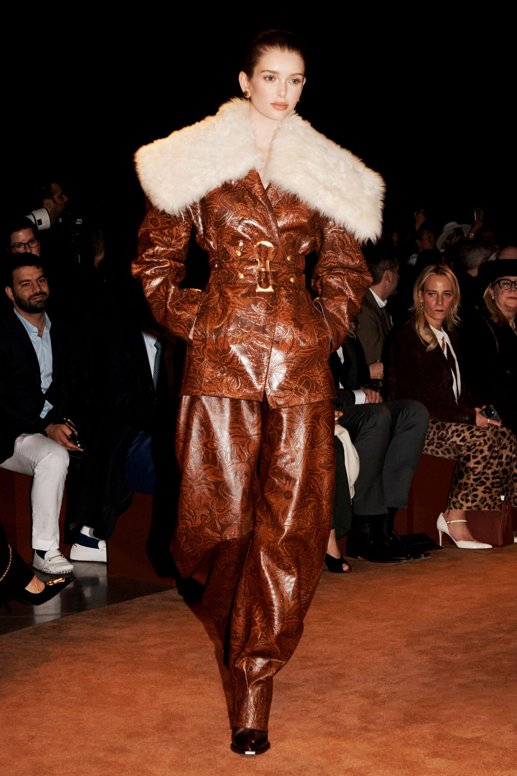 Printed Suit with Cream Fur Collar — Paris Winter Outfits