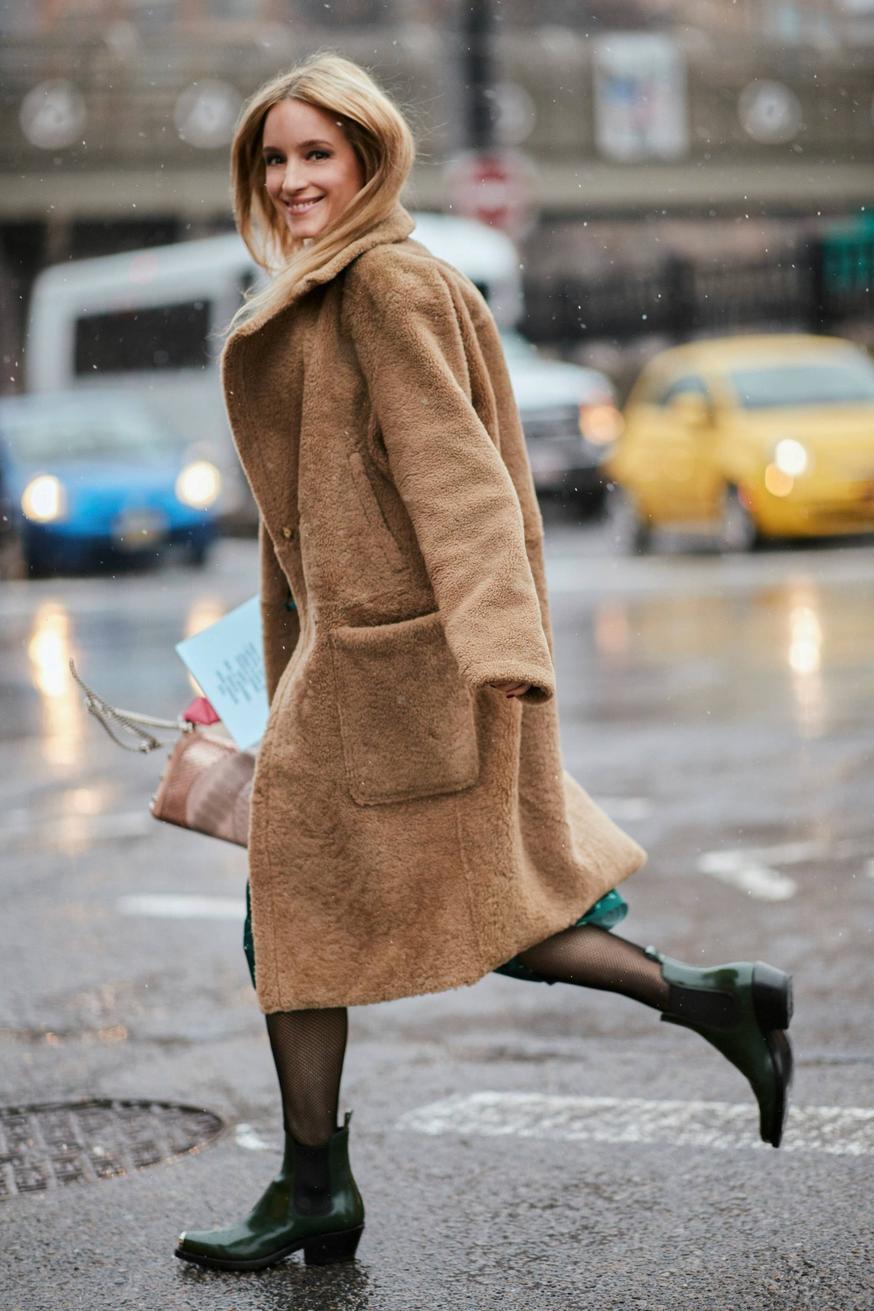 Brown Teddy Coat Styled Over a Green Midi Dress Brown Teddy Coat Styled Over a Green Midi Dress β Teddy Coat Outfits