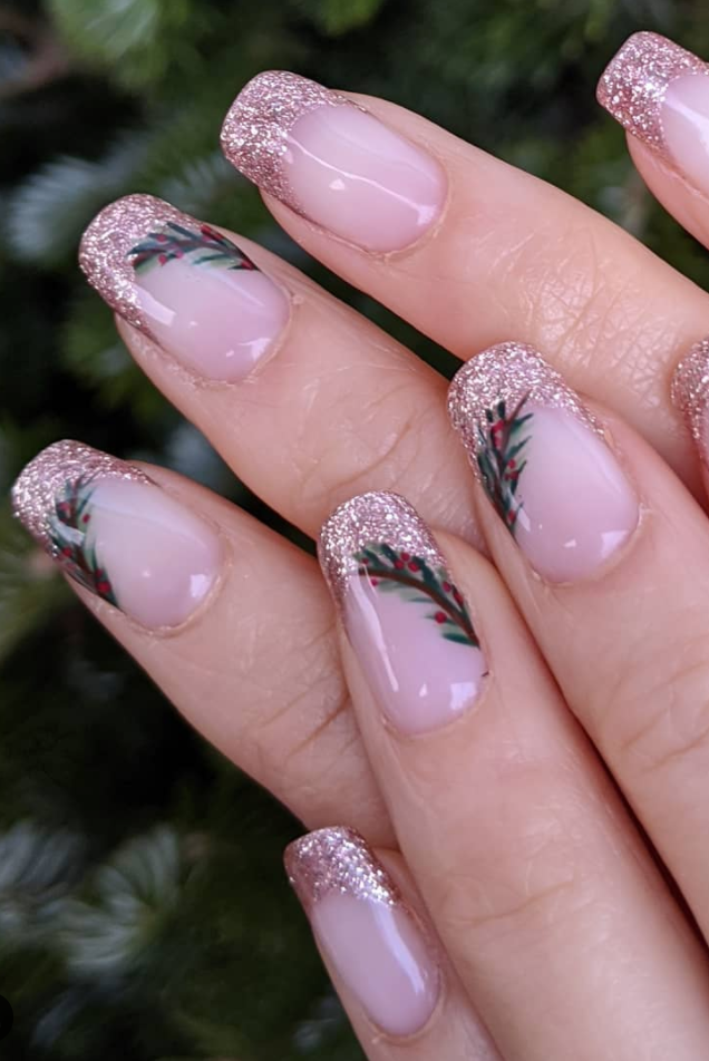 Pale Pink Glitter Holly French Nails Pale Pink Glitter Holly French Nails β Easy Christmas Nails 2026
