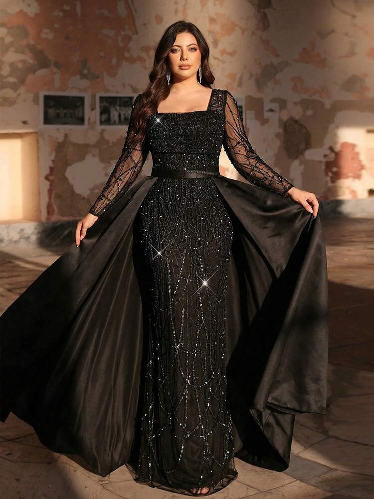 Black Sequin Maxi with Detachable Overlay Skirt — Winter Formal Dresses