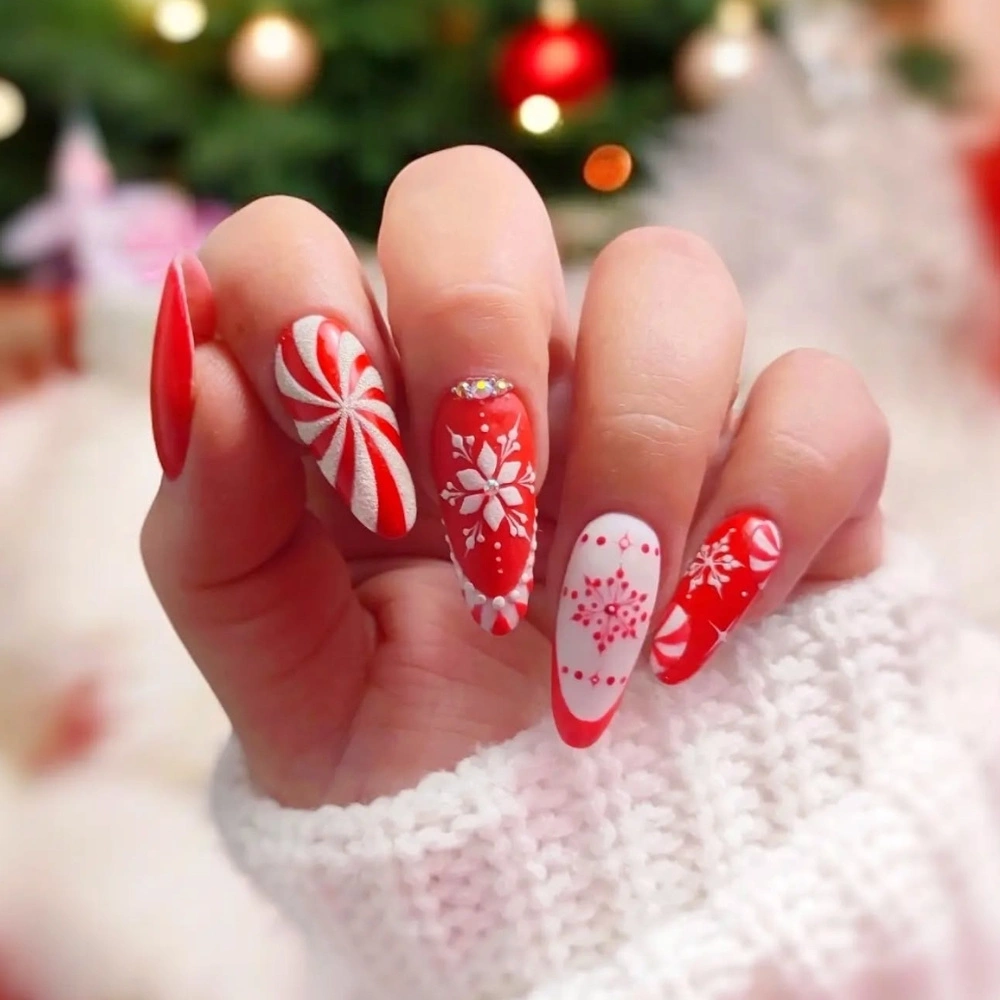 Glossy Red and Candy Cane Stiletto Nails Glossy Red and Candy Cane Stiletto Nails β Christmas Stiletto Nails 2026