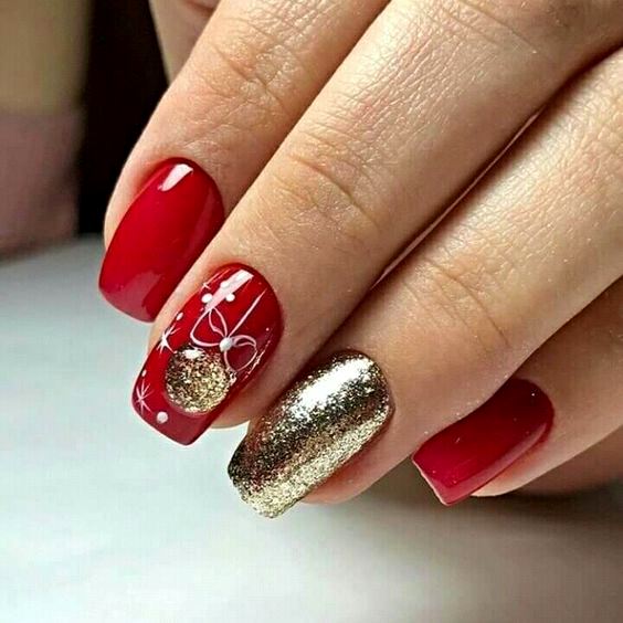 Medium Square Red with Christmas Art Accents — Red Christmas Nails 2026