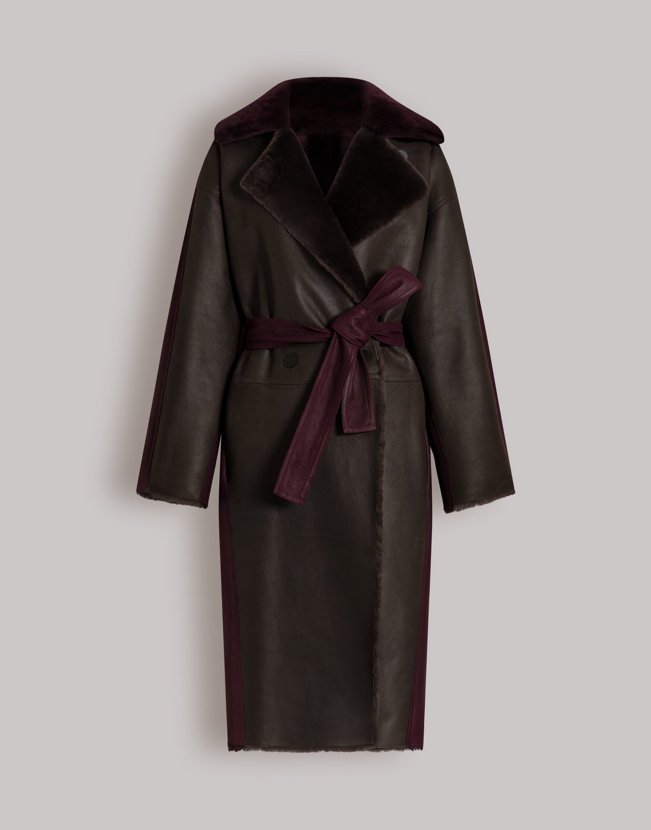 Longline Wrap-Style Shearling Coat with Leather Belt — Shearling Coat Outfits