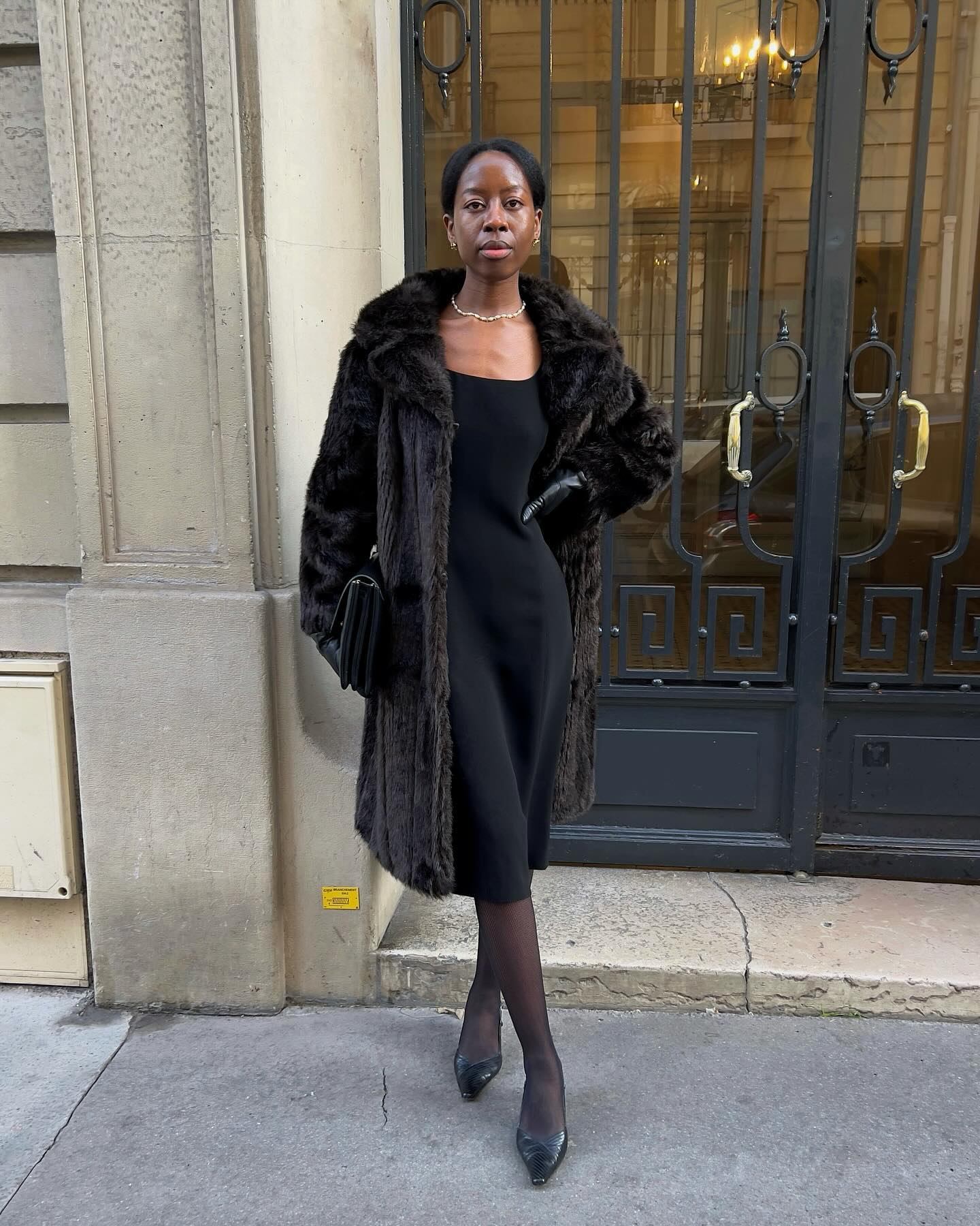 Black Faux Fur Coat over a Slip Dress — Minimalist Winter Outfits