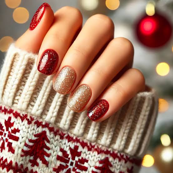 Deep Red and Champagne Gold Glitter Nails Deep Red and Champagne Gold Glitter Nails β New Years Dip Powder Nails 2027