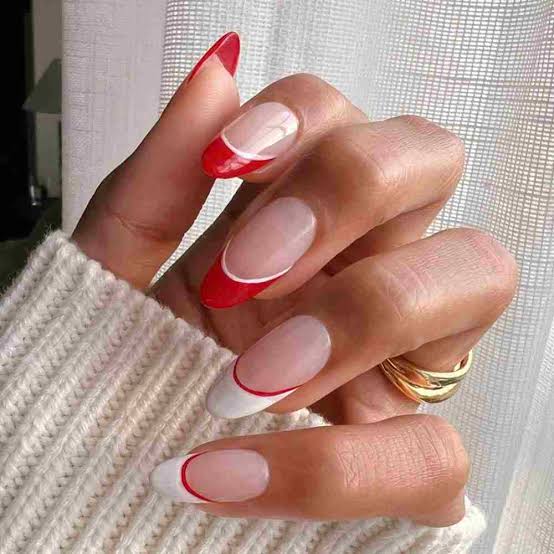 Sheer Pink French with Red & White Tips Sheer Pink French with Red & White Tips β Christmas Nail Colors 2026
