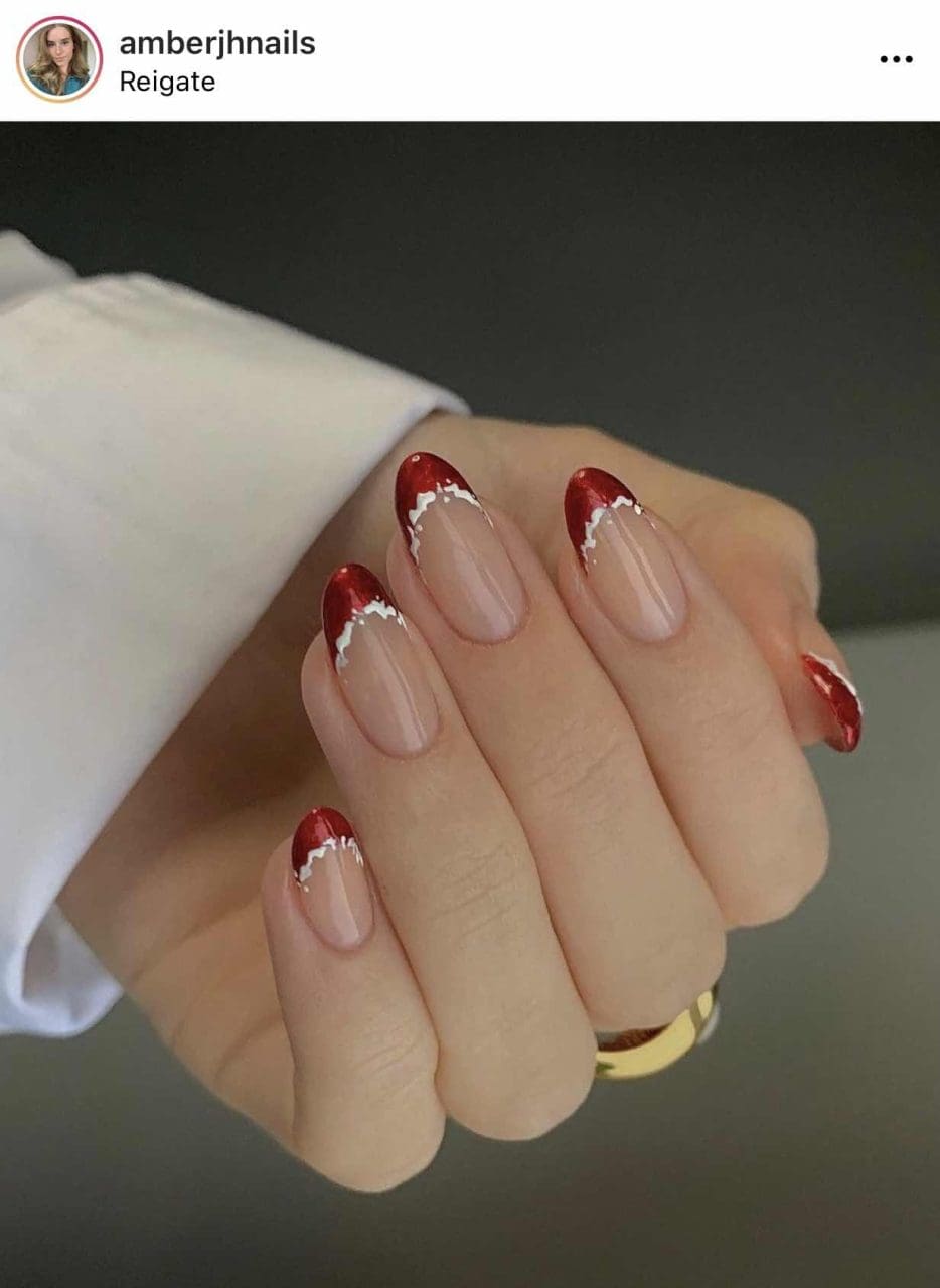 Metallic Red French Tips Almond Nails — Minimalist Christmas Nails 2026
