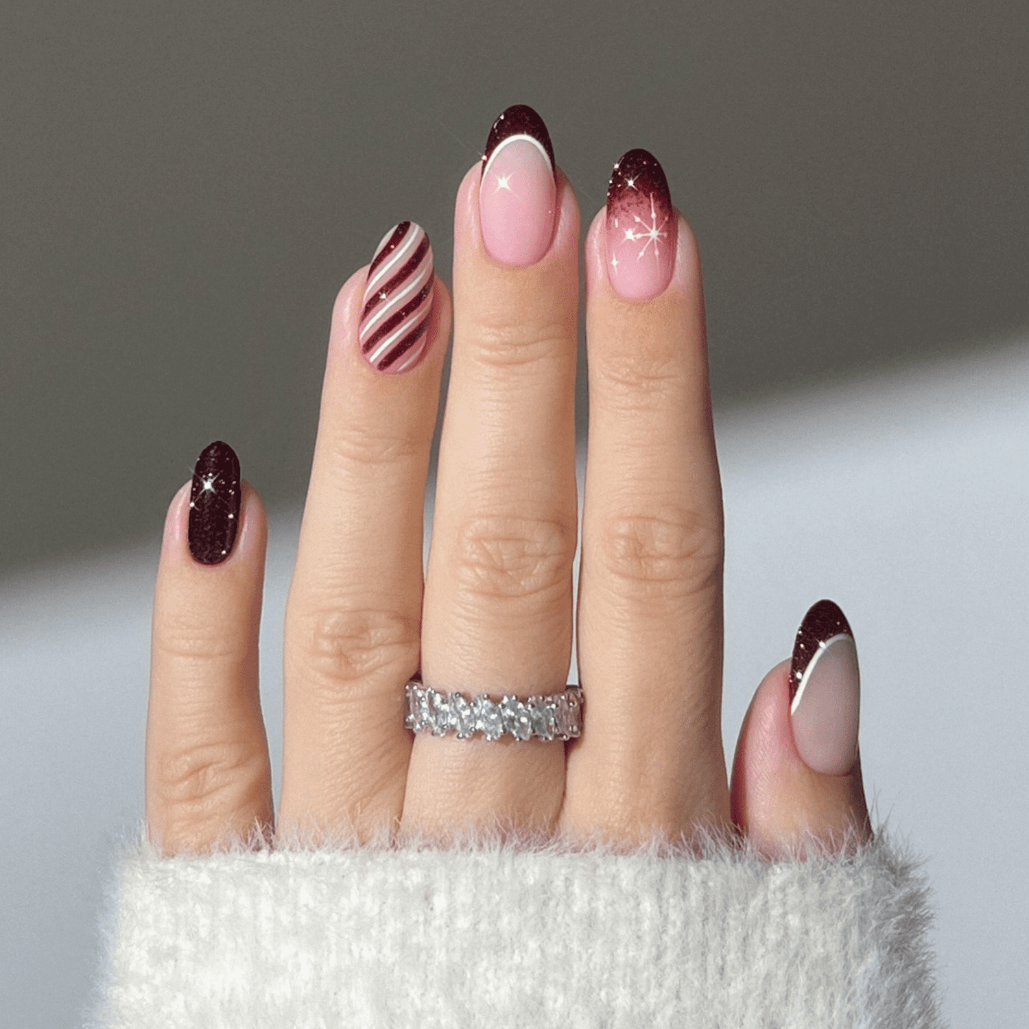 Deep Red Glitter French Almonds Deep Red Glitter French Almonds β Simple Christmas Nails 2026