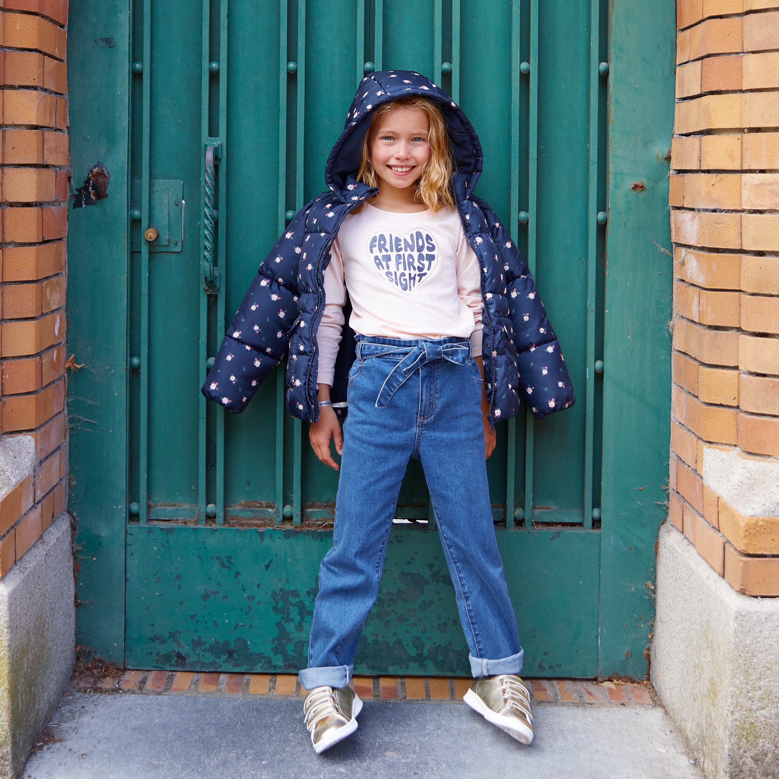 Floral Print Puffer Jacket with Text T-Shirt and Jeans Floral Print Puffer Jacket with Text T-Shirt and Jeans β Winter Outfits for Kids