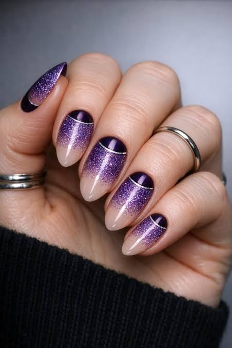 Purple Glitter Gradient Almond Purple Glitter Gradient Almond β Winter Purple Nails