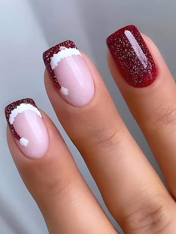 Fluffy Santa Hat French Tips Fluffy Santa Hat French Tips β Classy Short Winter Nails