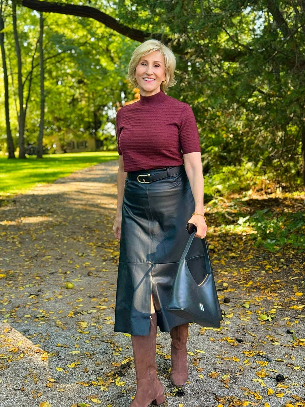 Black Leather Midi Skirt with Burgundy Top and Suede Boots — Leather Skirt Outfits