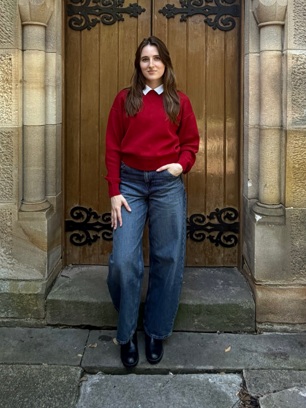 Red Crewneck Sweater Layered Over a Collared Shirt Red Crewneck Sweater Layered Over a Collared Shirt β Sweater Outfits
