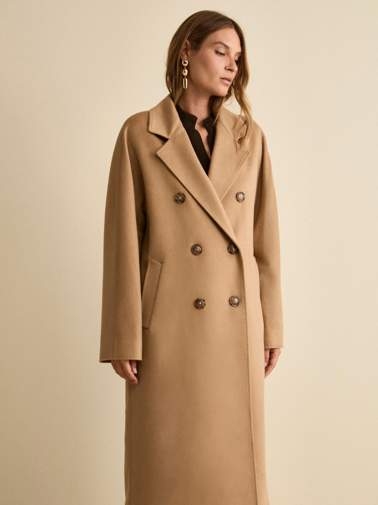 Beige Double-Breasted Coat Over Knit Cardigan — Brown Coat Outfits