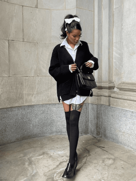 Oversized Knit Cardigan with Thigh-Highs and Loafers Oversized Knit Cardigan with Thigh-Highs and Loafers β Baddie Winter Outfits