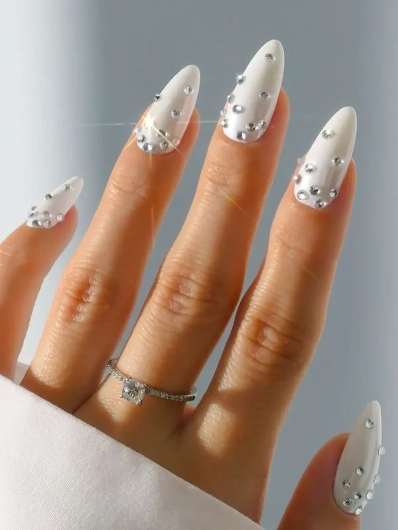Long Almond White with Rhinestone and Glitter Long Almond White with Rhinestone and Glitter β New Years Almond Nails 2027