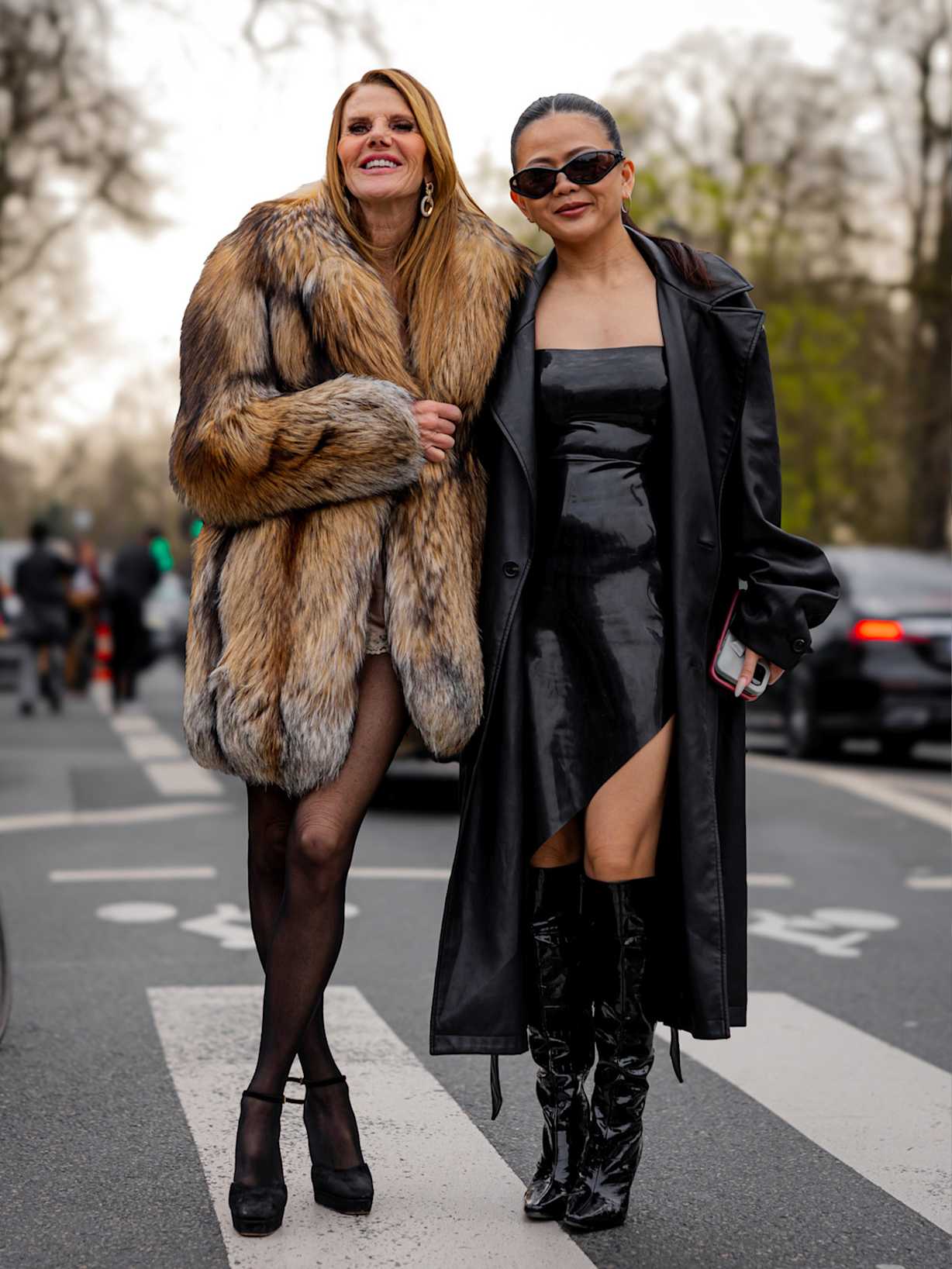 Glamorous Contrast: Faux Fur Coat with Patent Leather Dress — Late Winter Outfits
