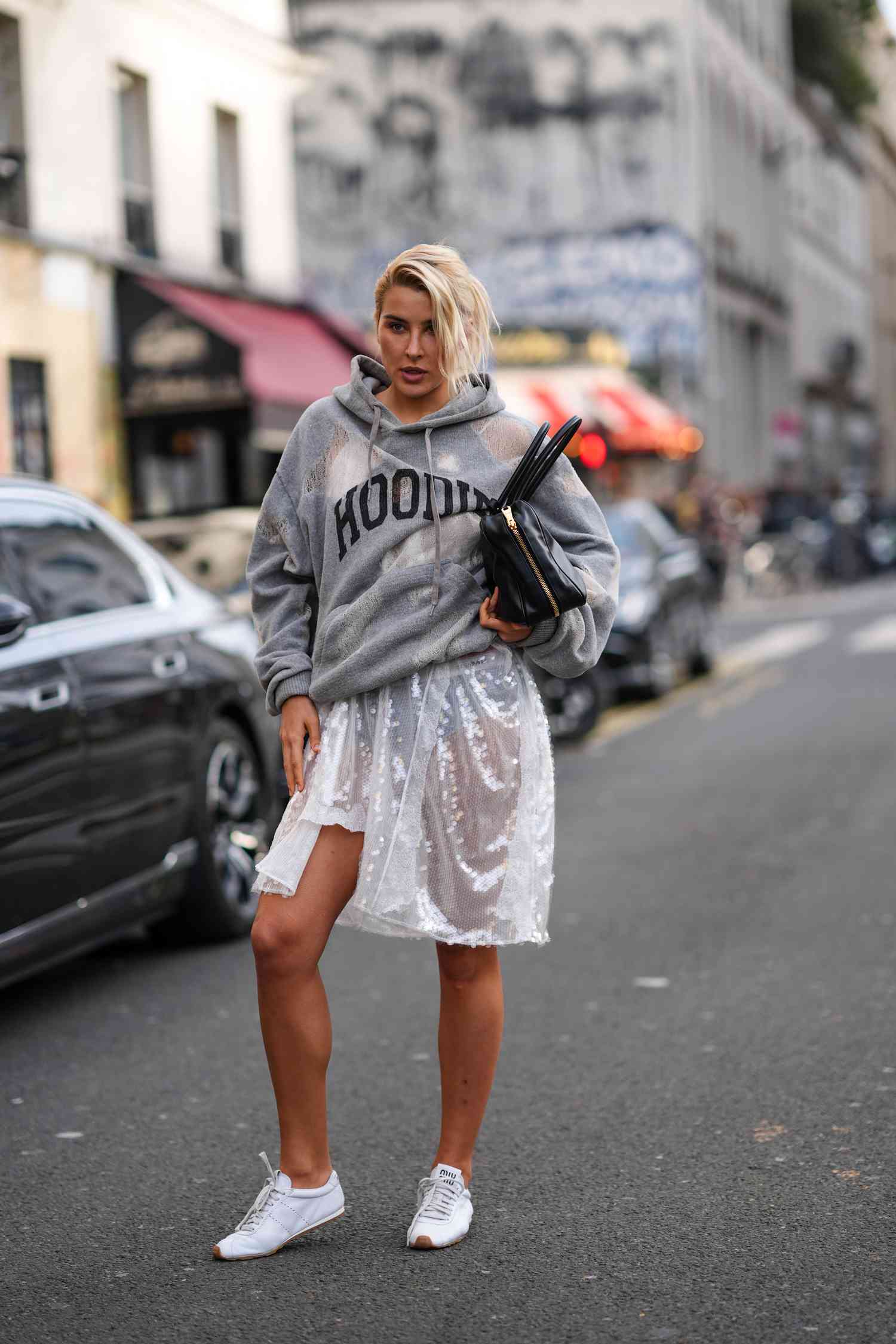Grey Oversized Hoodie with Sequin Mini Skirt — Hoodie Outfits