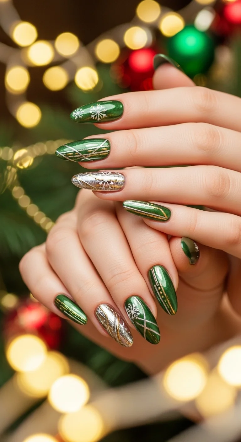 Metallic Green and Silver with Snowflake and Stripe Art — Green Christmas Nails 2026