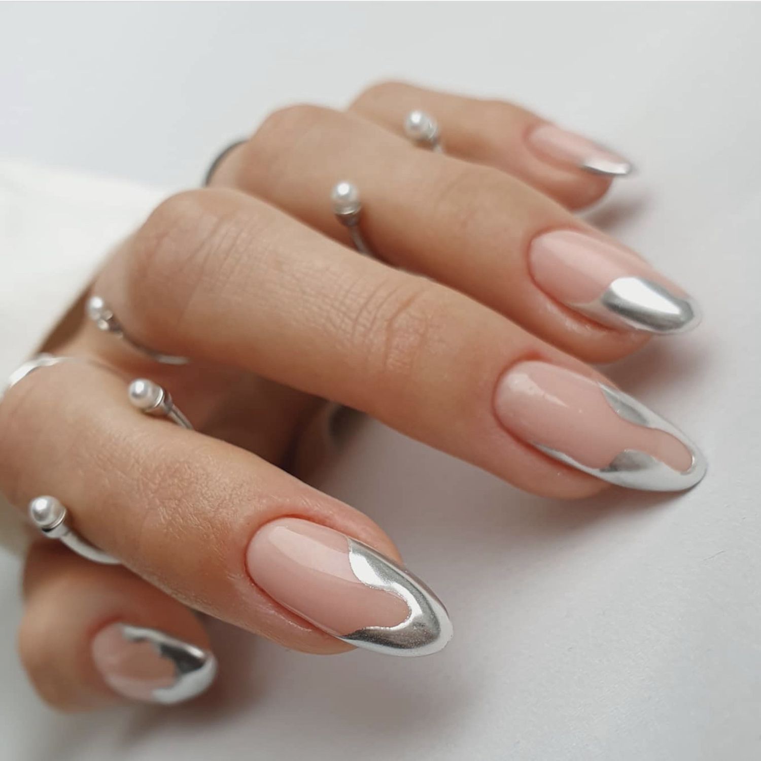 Abstract Chrome Shapes on French Tips Abstract Chrome Shapes on French Tips β Silver Chrome Nails
