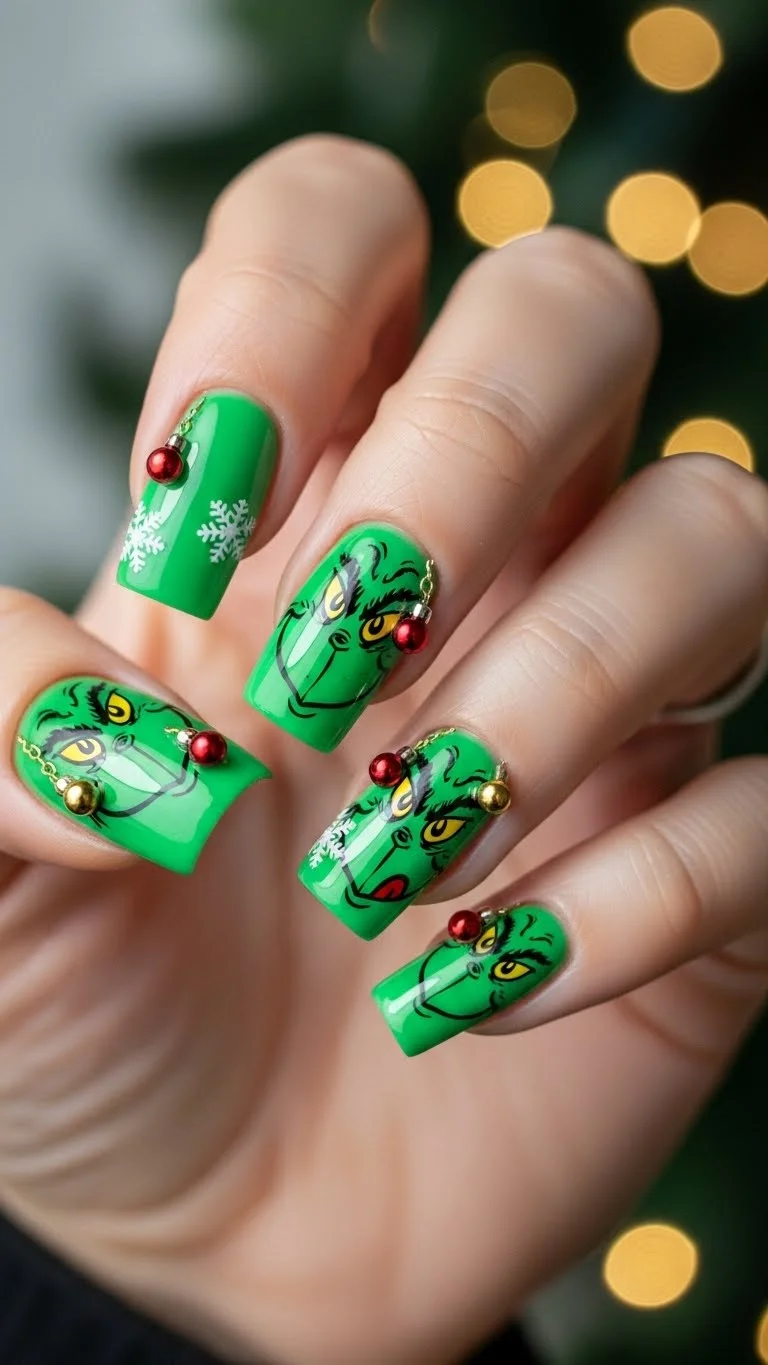 Bright Green Grinch Face Nails Bright Green Grinch Face Nails β Medium Christmas Nails 2026
