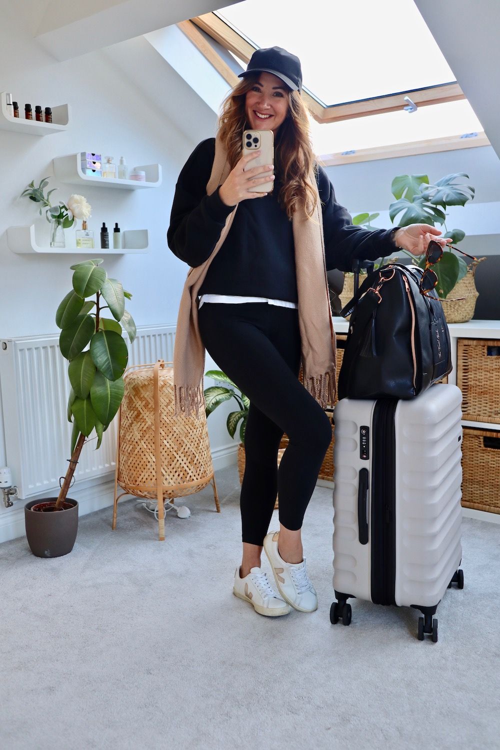 Sweatshirt, Leggings, and Scarf for Travel Comfort — Cabin Trip Outfits