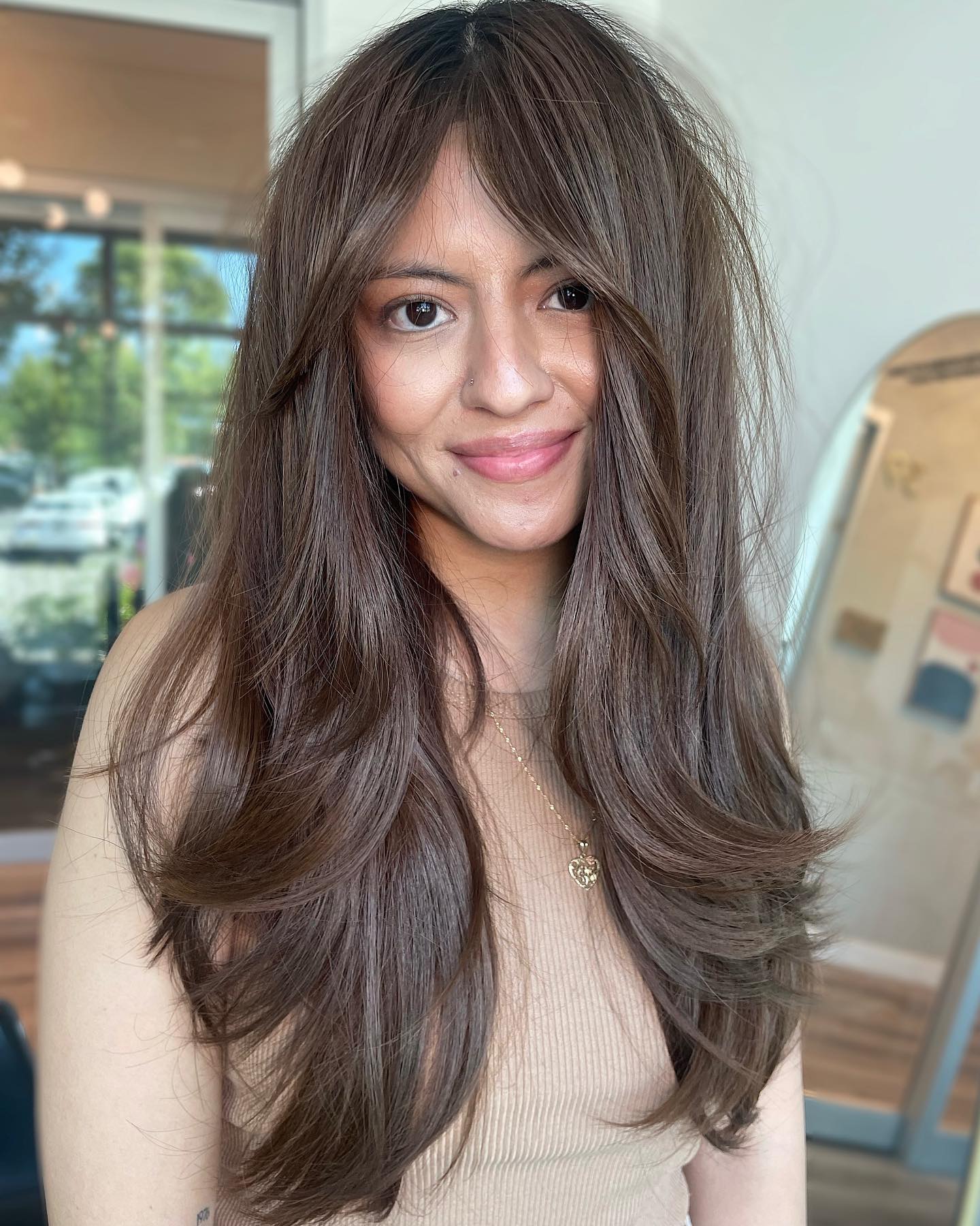 Natural Ash Brown With Subtle Highlights and Side Bangs Natural Ash Brown With Subtle Highlights and Side Bangs β Ash Brown Hair