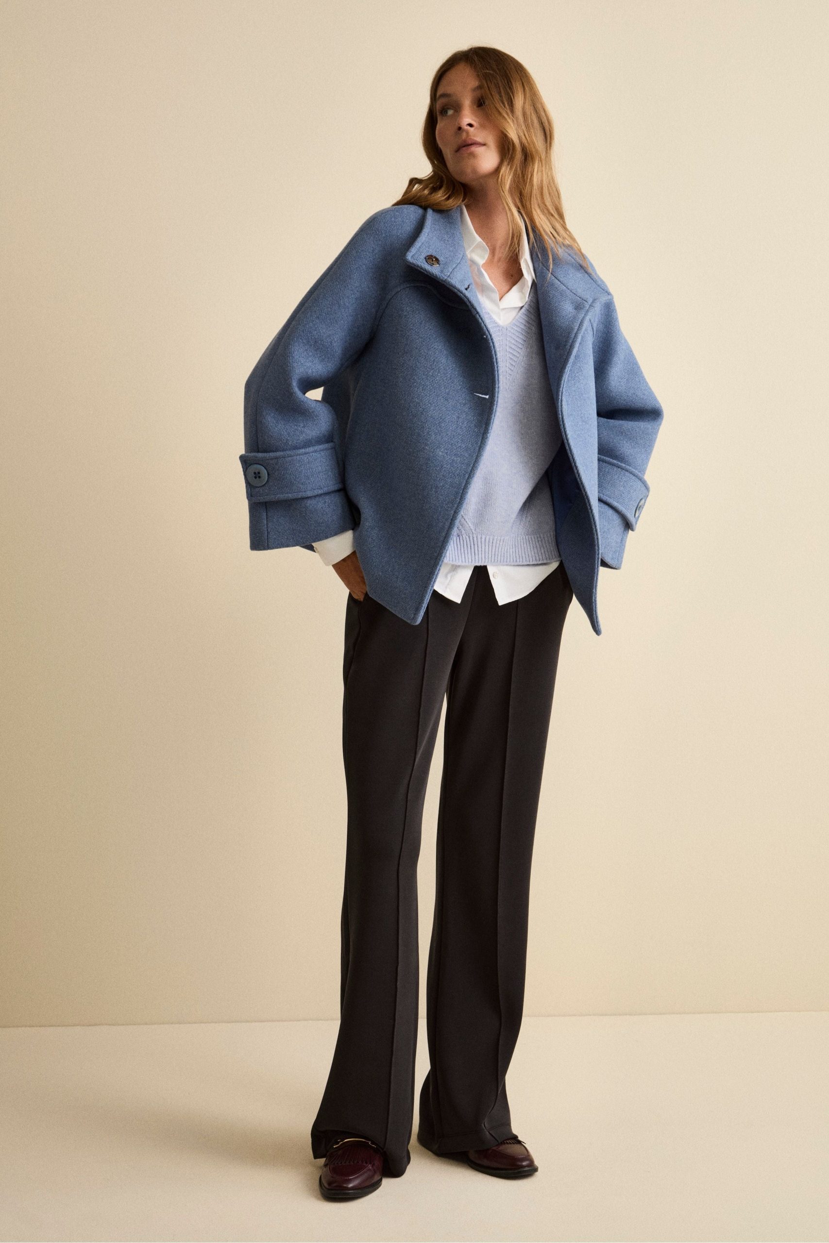 Cropped Blue Wool Jacket with Wide-Leg Trousers — Wool Coat Outfits