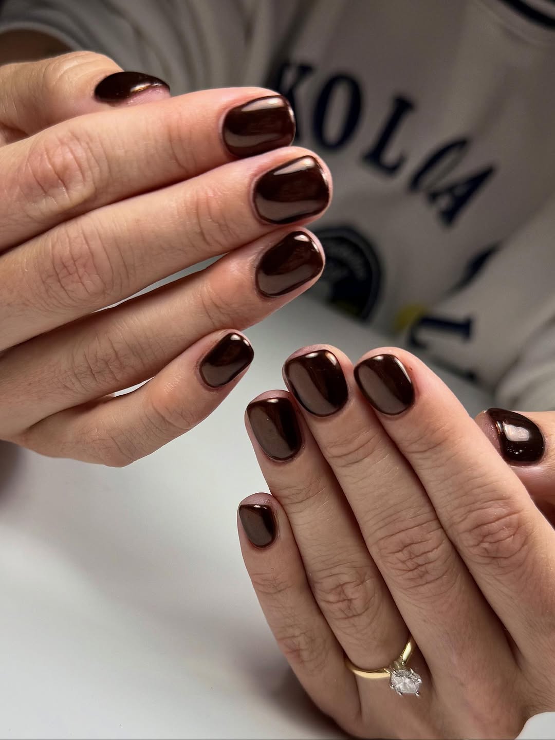 Warm Metallic Chrome Medium Almond Nails — Chocolate Brown Nails