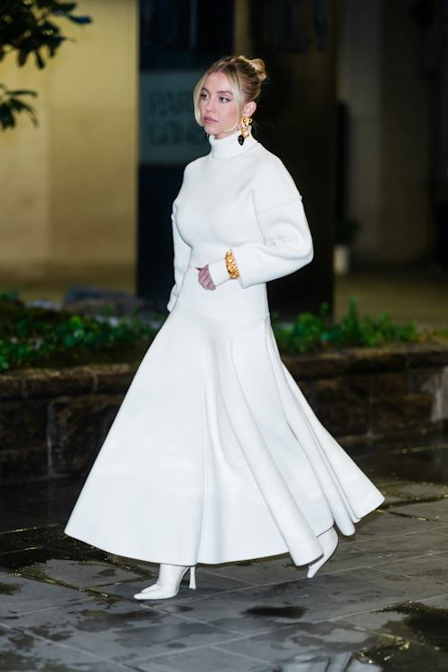 Dramatic White Turtleneck Dress with Full Skirt — Winter White Outfits