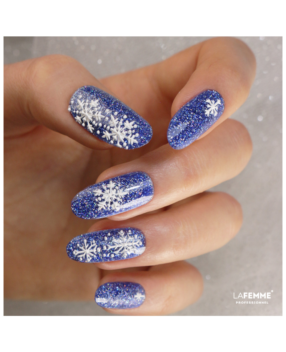 Glossy With Glitter Deep Blue Oval Nails with 3D Silver Glitter Snowflakes Glossy With Glitter Deep Blue Oval Nails with 3D Silver Glitter Snowflakes β Snowflake Nails