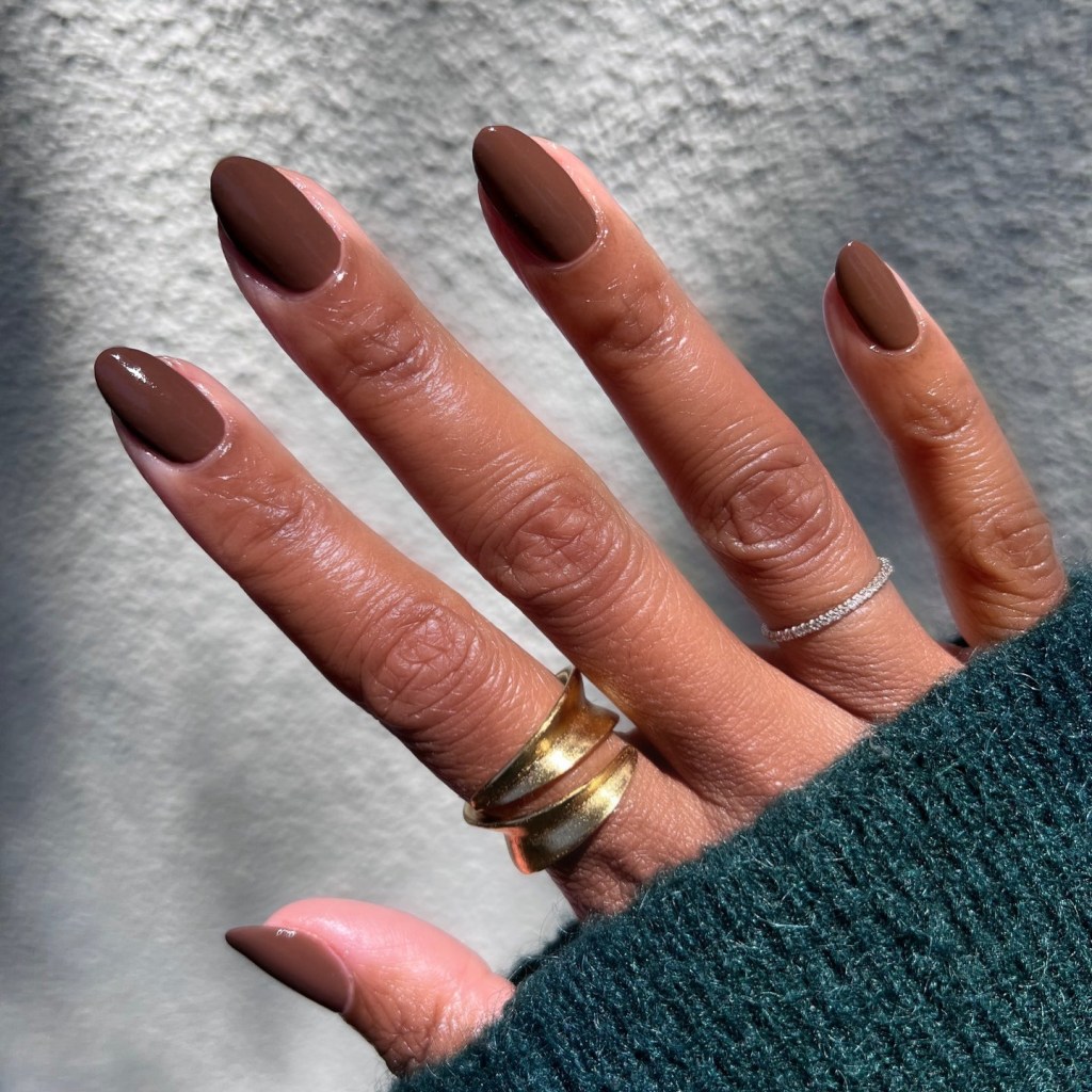 Glossy Deep Brown Nails with Foil Accents — Cozy Winter Nails