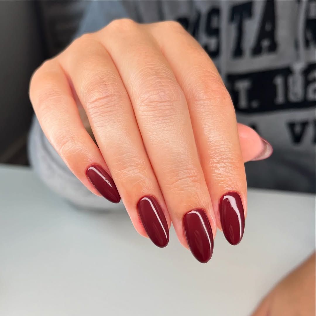 Deep Burgundy Glossy Ovals Deep Burgundy Glossy Ovals β Winter Nails for School
