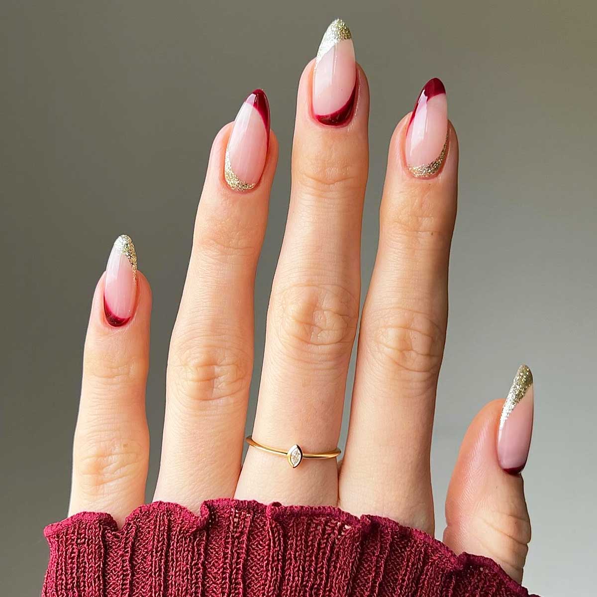 Long Almond Deep Red Glitter French Nails — Everyday Winter Nails